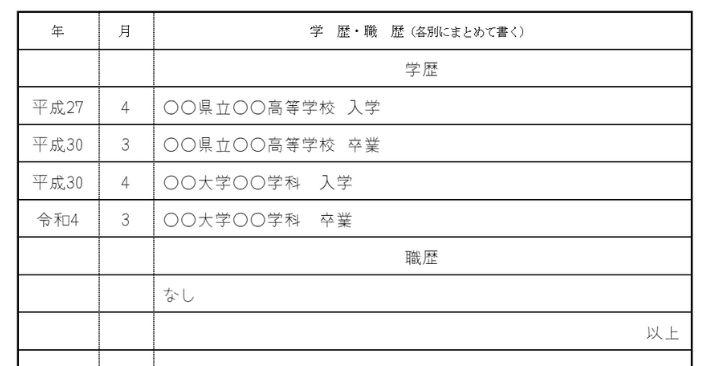 職歴なしを記載する場合の画像
