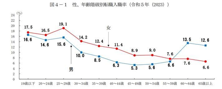 性、年齢階級別転職入職率。詳細は以下