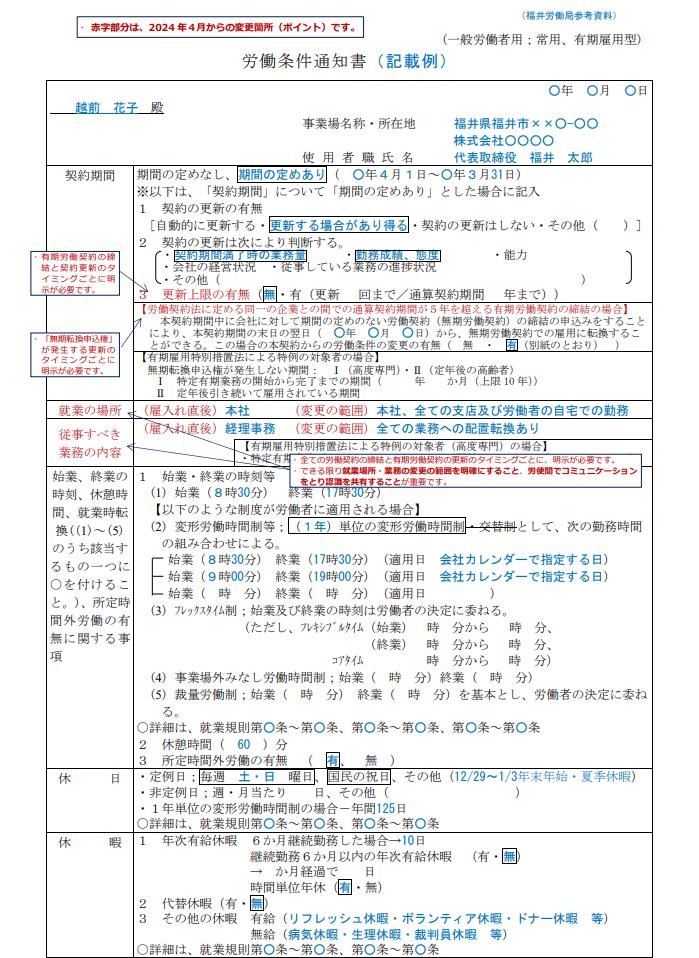 記入例でみる労働条件通知書で確認したい項目の画像
