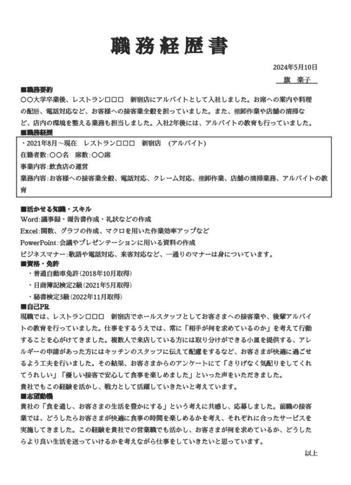 職務経歴書の記入例の画像