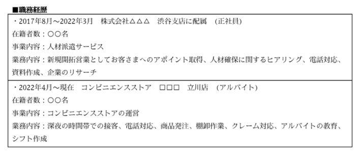 正社員の職歴がある場合の職務経歴書の書き方の一例の画像